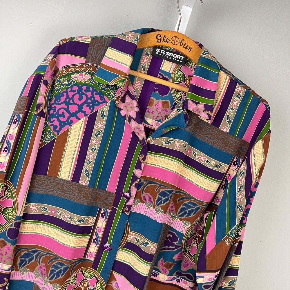 S.G. Sport Collection Shirt Top Blouse Womens L/XL? Vintage Patchwork Print Bold